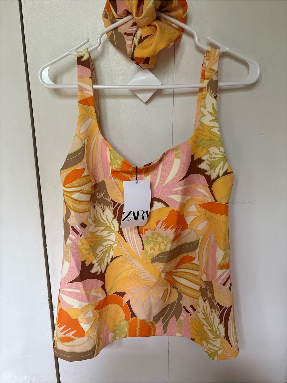 Zara Floral Print Slim-Strap Camisole in Pink, Orange & Brown